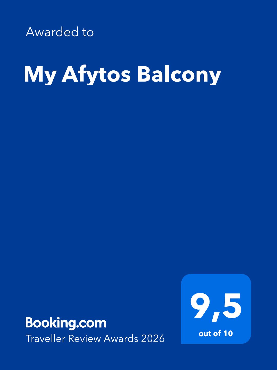 Booking.com Traveller Review Award 2026 — My Afytos Balcony 9.5 out of 10